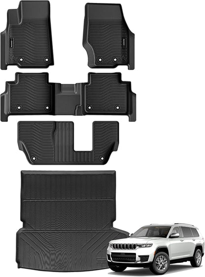 Auxko All Weather Floor Mats & Cargo Mat & Backrest Mat Fit for Jeep Grand Cherokee L 7 Seat (2nd Row Bench Seat) 2026 2025-2021 Liner Trunk Mat Accessories Odorless Black
