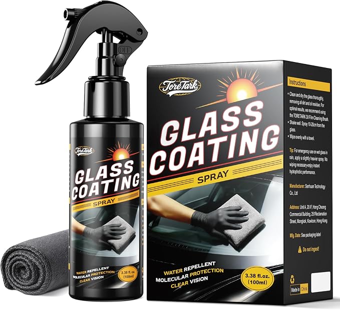 Toretark Car Ceramic Glass Coating Spray,Automotive Windshield Rain Repellent Glass Polish Protect, Long-Lasting Quick Dry Coat (3.38 fl oz +Towel)