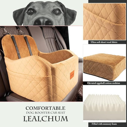 Lealchum Dog Booster Car Seat for Small/Medium Dogs,Ultra Soft Fabric Filling Memory Foam,Fully Detachable and Washable,Anti-Slip Base,3 Straps Easy to Install(Coffee,Medium)