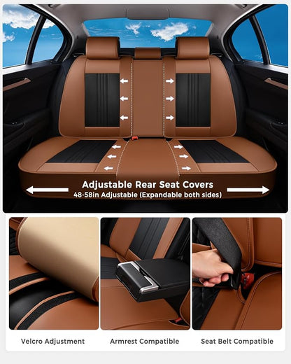 Huidasource Car Seat Covers Full Set, Luxury Faux Leather Seat Covers, Velcro Adjustable, with Airbags, Thinning Design Perforation Cooling＆Heating, Fit for Most Cars, Vans, Trucks, SUVs, Brown&Black
