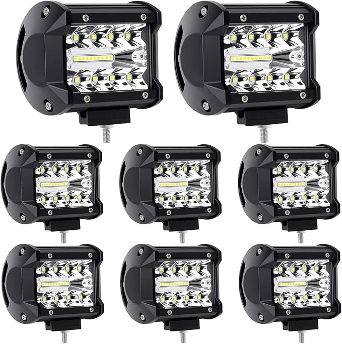 4 Inch Led Pod 60W 12000LM Triple Row Spot Flood Combo Off Road Fog Driving Light for Truck ATV UTV SUV Boat, 8 Pack