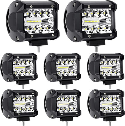 4 Inch Led Pod 60W 12000LM Triple Row Spot Flood Combo Off Road Fog Driving Light for Truck ATV UTV SUV Boat, 8 Pack