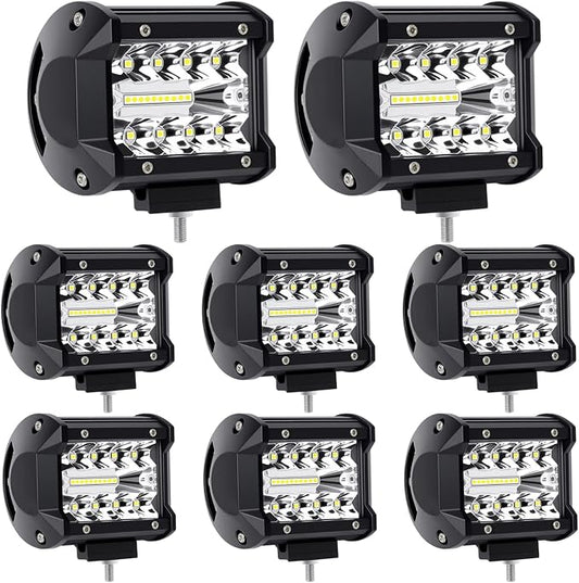 4 Inch Led Pod 60W 12000LM Triple Row Spot Flood Combo Off Road Fog Driving Light for Truck ATV UTV SUV Boat, 8 Pack