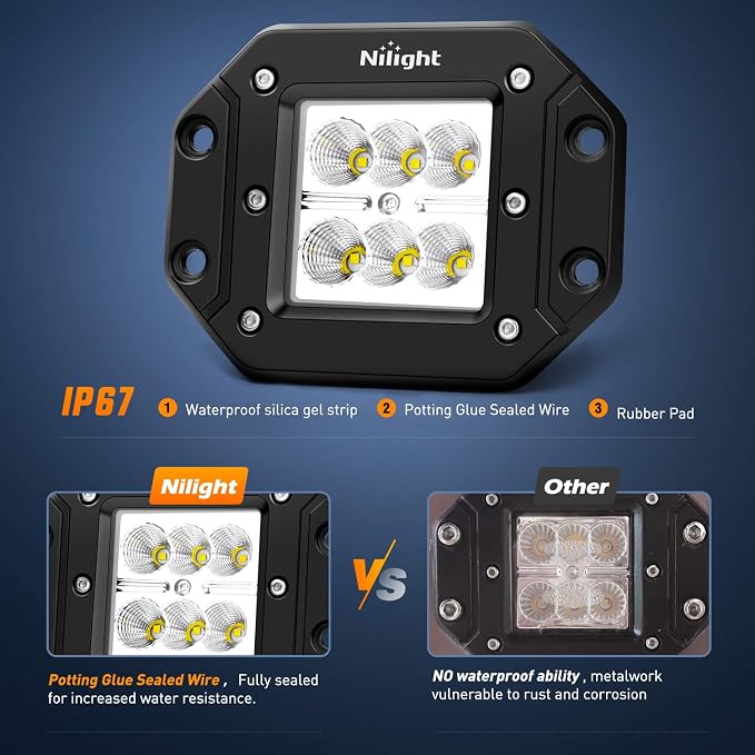 Nilight - NI23C-18W 2PCS 18W Flood LED Work Light Driving Lights Led Light Bar Off Road Led Lights Flush Mount for Jeep Truck Tacoma Bumper ATV UTV