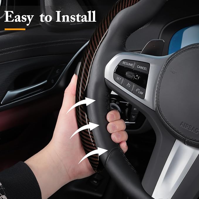 Carbon Fiber Steering Wheel Cover, Snap on Car Steering Wheel Cover Set Accessories 3pcs Wrap Grip Non Slip Protector Universal Glossy Brown