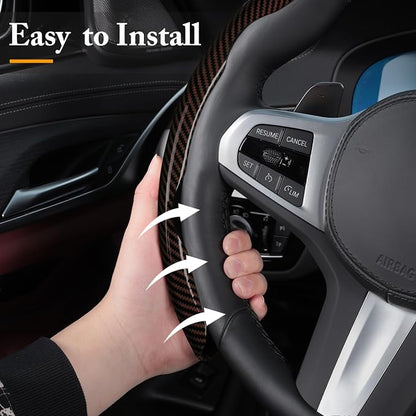 Carbon Fiber Steering Wheel Cover, Snap on Car Steering Wheel Cover Set Accessories 3pcs Wrap Grip Non Slip Protector Universal Glossy Brown