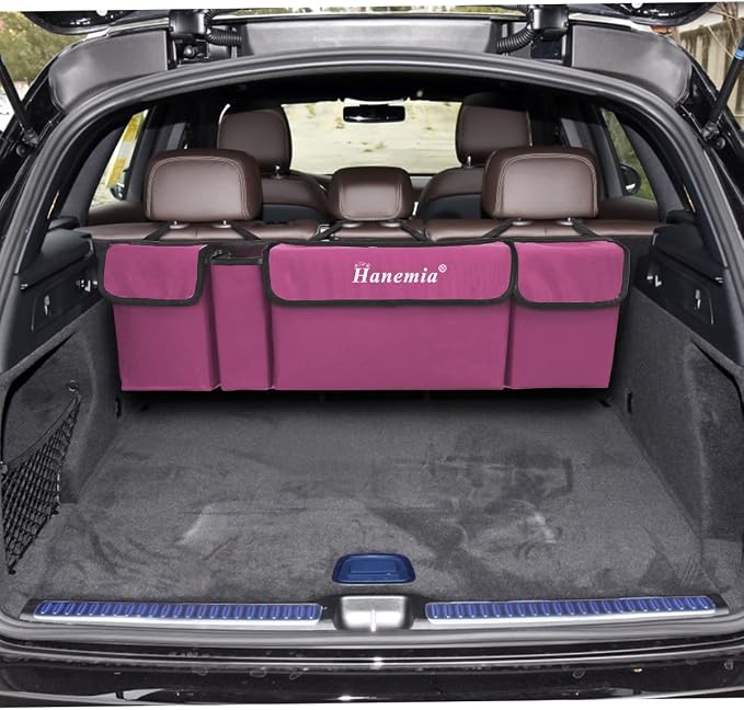 Car Trunk Organizer, Backseat Hanging Storage with 4 Large Pockets, Collapsible Cargo Bag with Adjustable Straps Frees Trunk Floor, Sturdy Space Saving Expert for SUV, Truck, Van (Purple)