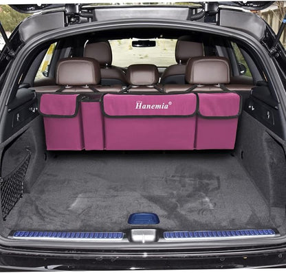 Car Trunk Organizer, Backseat Hanging Storage with 4 Large Pockets, Collapsible Cargo Bag with Adjustable Straps Frees Trunk Floor, Sturdy Space Saving Expert for SUV, Truck, Van (Purple)