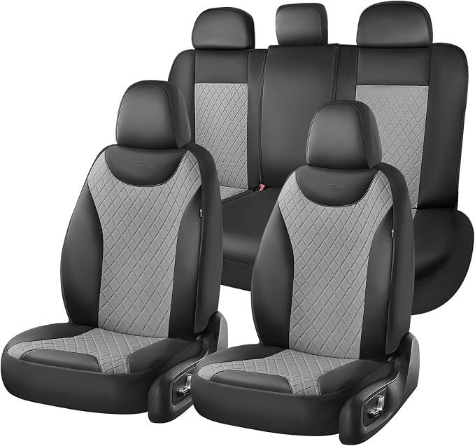 Coverado Car Seat Covers, 5 Seats Front and Rear Seat Covers for Cars, Leather Seat Covers Waterproof Car Seat Protectors, Automotive Seat Cushions Universal for Most Sedan, SUV, Truck, Black & Gray