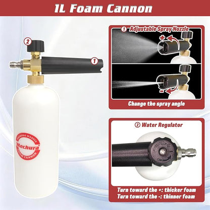 Foam Cannon Kit for Car Wash, Short Pressure Washer Gun with 1L Foam Cannon, Dual Connector Accessory – 1/4" Quick Connect, 5 Nozzle Tips, 3600 PSI, 2.5 GPM