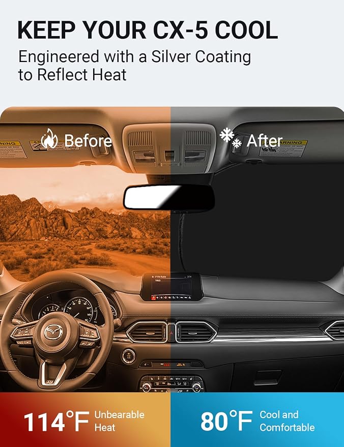 Proadsy 2026 Upgrade Windshield Sun Shade Custom Fit Mazda CX5 CX-5 2017-2025 2026 4-Layer Foldable Front Sunshade Protector Sun Visor Blocks UV Rays Keep Car Cooler
