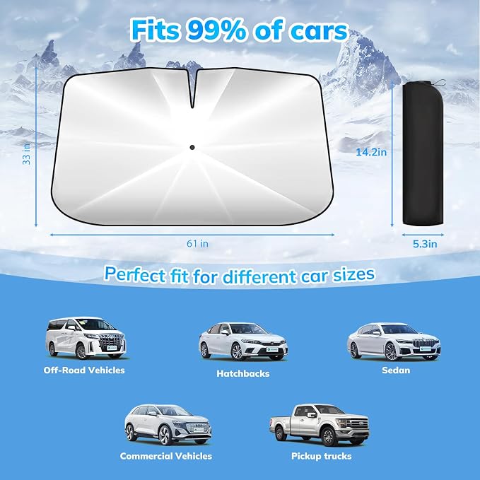 [2025 Latest] SEPORUD Car Windshield Sunshade Umbrella - Double-Layer Design, 5 Layers UV Block Coating. Blocks up to 99% UV, Reduces Heat. Durable Structure, Glass Fiber Material（61 "x33