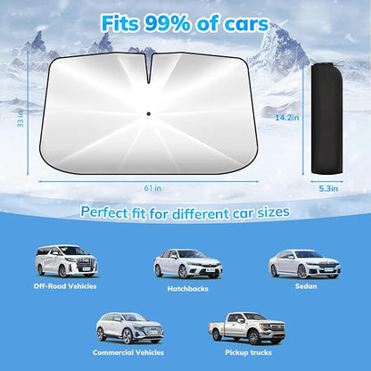 [2025 Latest] SEPORUD Car Windshield Sunshade Umbrella - Double-Layer Design, 5 Layers UV Block Coating. Blocks up to 99% UV, Reduces Heat. Durable Structure, Glass Fiber Material（61 "x33