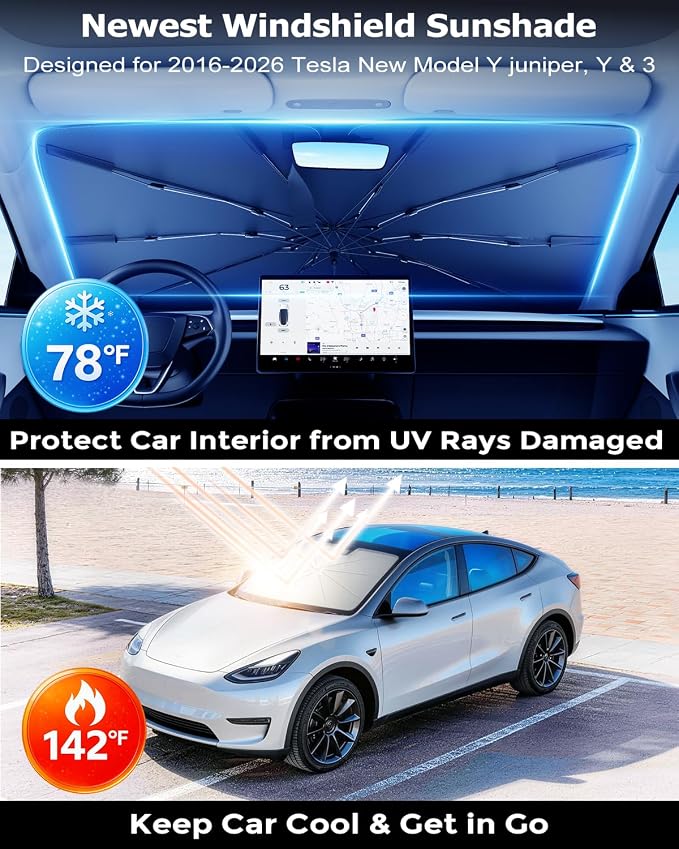 DMJN Umbrella Windshield Sun Shade for Tesla New Model Y Juniper, Y & 3 (2016-2026), Car Sunshade for Front Windshield [Nano Ice-Crystal Coatings] UPF50+ Heat & UV Block, Protect Interior & Keep Cool
