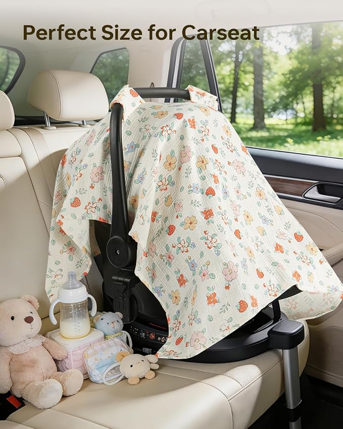 100% Muslin Cotton Car Seat Cover for Baby, Soft Breathable Car Seat Canopy, Universal Infant Carseat Cover Sun Protector, Lightweight Summer Stroller Cover for Boys Girls - Strawberry