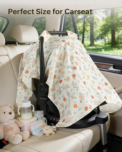 100% Muslin Cotton Car Seat Cover for Baby, Soft Breathable Car Seat Canopy, Universal Infant Carseat Cover Sun Protector, Lightweight Summer Stroller Cover for Boys Girls - Strawberry