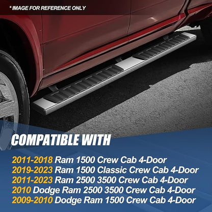Auto Dynasty Flat Running Boards Compatible with 2009-2024 Dodge Ram 1500 2500 3500 Crew Cab 4-Door, Stainless Steel Side Steps Rail Nerf Bar, 6.75 Inches Step Bars, Chrome Polished