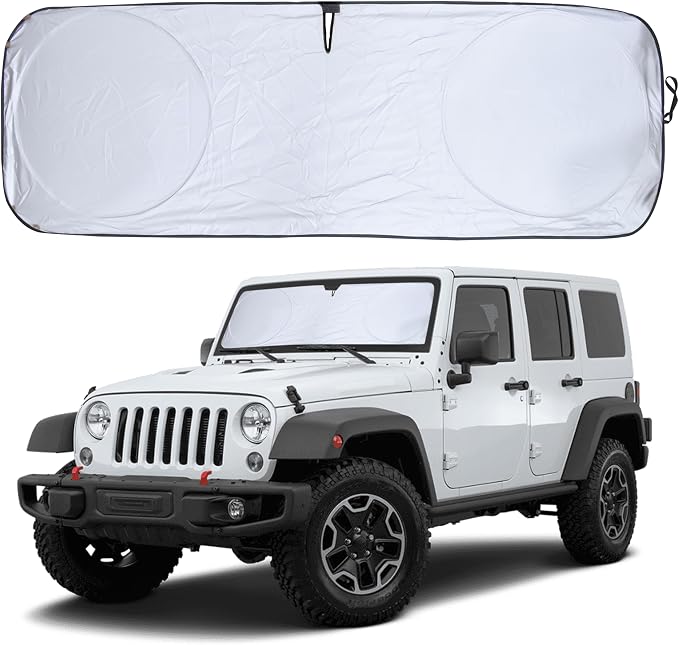 Econour Jeep Windshield Sun Shade for Jeep Wrangler JK JL JLU 4xe and Gladiator JT, Foldable Front Window Sunshade, UV Rays and Heat Shield Sun Visor