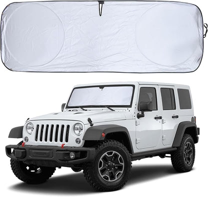 Econour Jeep Windshield Sun Shade for Jeep Wrangler JK JL JLU 4xe and Gladiator JT, Foldable Front Window Sunshade, UV Rays and Heat Shield Sun Visor