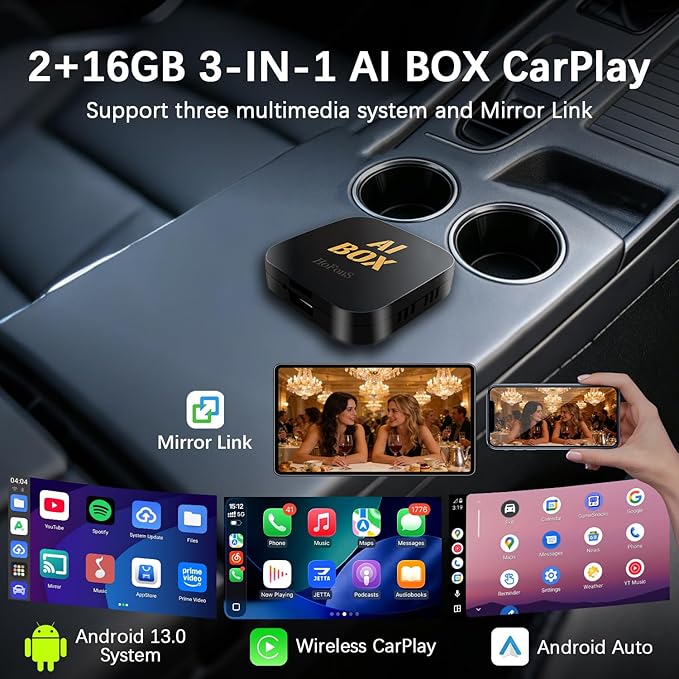 AI Box Carplay, Ai Magic Box for Streaming Netflix/YouTube/TikTok, Car Play Wireless Adapter Supports for iPhone & Android Auto, Plug & Play, for Cars with OEM Wired CarPlay/Android Auto