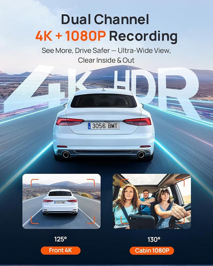 70mai 4K Dash Cam Front and Interior, 4K HDR Dash Camera with F1.55 Aperture, Wi-Fi 6, 24H Parking Surveillance, GPS, Loop Recording, 64GB Card Included, UHD Dashcam for Cars/Taxi/Uber/Lyft