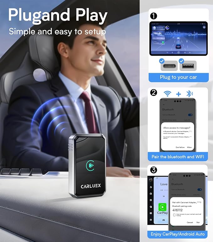 2 in1 Wireless CarPlay Adapter for Apple & Android Auto Adapter, Mini,2025- Bluetooth 5.3 & WiFi 6 with Millisecond Fast Connection, Wired to W++ Compatible with Original Wired Cars & iPhone6+/iOS10+