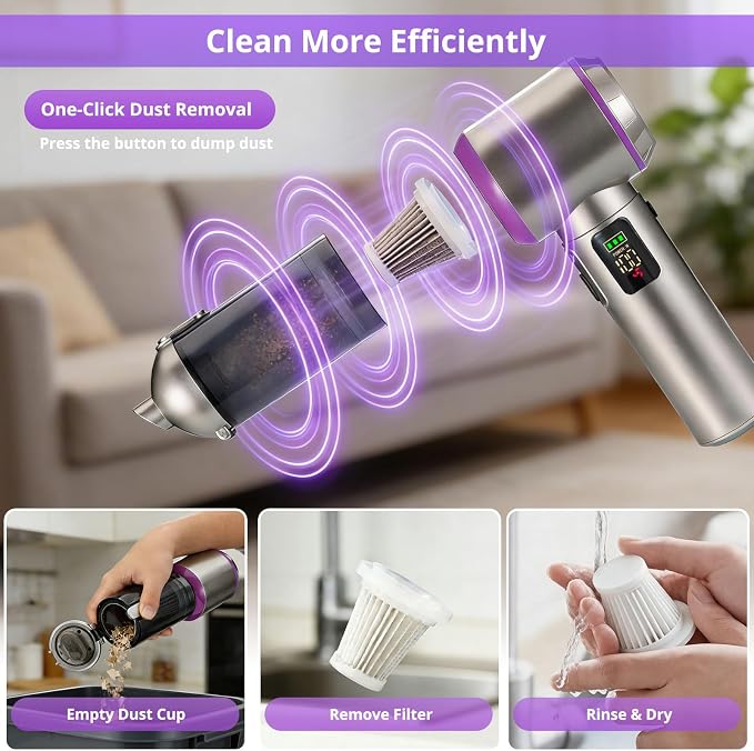 Cordless Handheld Vacuum with 17000Pa Suction, Portable Car Vacuum Cleaner for Pet Hair, Home & Desk, 3-Speed, LED Light, 4-in-1 Nozzles, Type-C Charging