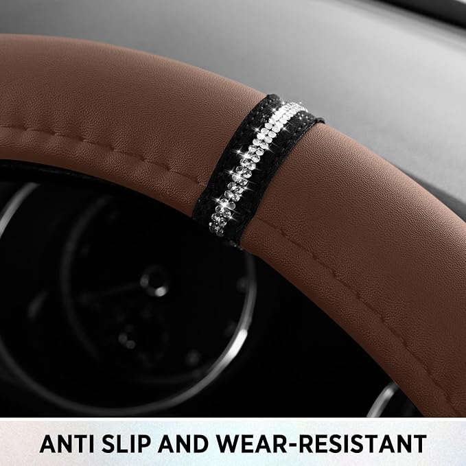 Road Comforts Leopard Steering Wheel Cover for Women, Cute Anti-Slip Microfiber Leather, Fits D Shape Flat Bottom Steering Wheel 14.5-15 Inch - Brown