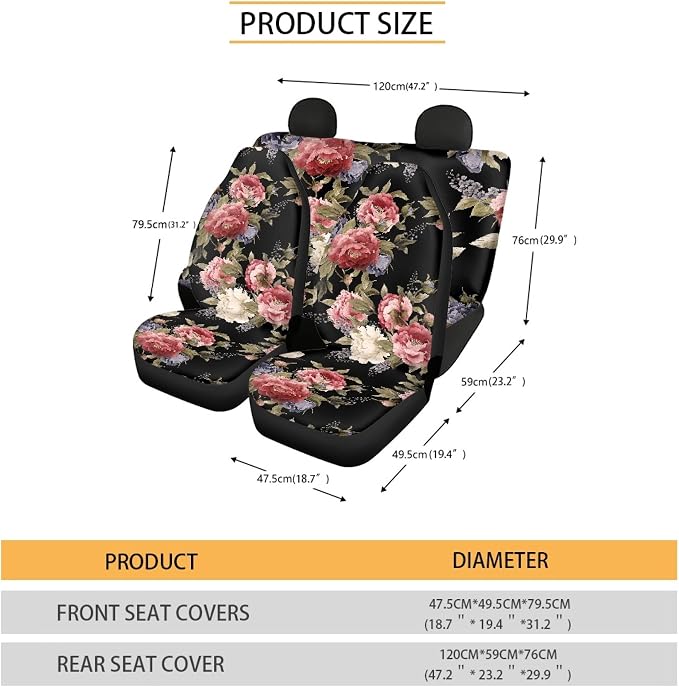 Dark Vintage Floral Print Car Seat Covers Full Set,Watercolor Flower Pattern with Peonies Vehicle Front Rear Bench Cushion Protectors Auto Interior Accessories Universal Fit for Trucks Sedans