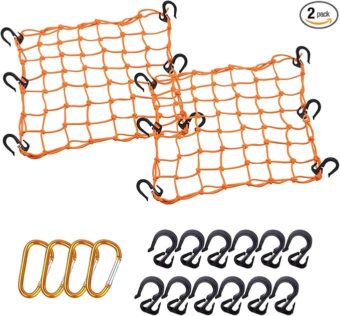 Cargo Net 15"x15" Stretches to 30"x30" with Thicken Hooks | Natural Latex Core, Tight 2”x2” Mesh Small Heavy Duty Bungee Net for Motorcycle Helmet, Bike, ATV, UTV, Luggage (Orange, 2 Pack)