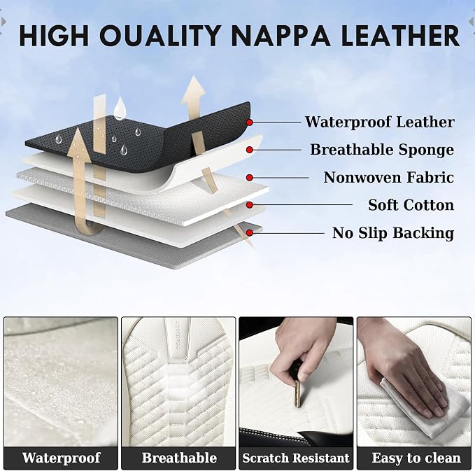 Coverado Leather Seat Covers, Car Seat Covers Full Set, Waterproof Nappa Leather Car Seat Cover, Car Seat Protectors 5 Seats, Black & White Automotive Seat Covers Fit for Most Cars Trucks