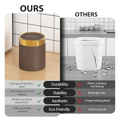Countertop Trash Can with Lid for Desk Top,0.4 Gallon Stainless Steel Mini Trash Can for Desk、Car、Office、Kitchen,Swing Top Trash Bin with a Roll of Trash Bag(Brown)