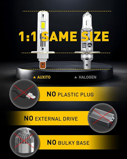 AUXITO H1 LED Bulb, 600% Brighter, 1:1 Mini Size No Adapter Needed, 5 Min Quick Install, No Flicker, 99% Compatibility, Pack of 2