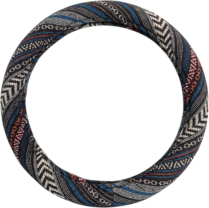 Universal 15inch Ethnic Style Baja Blanket Steering Wheel Cover with Coarse Flax Cloth and Sweat Absorption Anti Slip Car Wrap (Boho Dark)