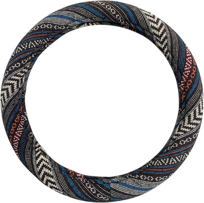 Universal 15inch Ethnic Style Baja Blanket Steering Wheel Cover with Coarse Flax Cloth and Sweat Absorption Anti Slip Car Wrap (Boho Dark)