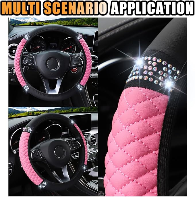 Bling Soft Leather Steering Wheel Cover, 15 Inch Colorful Rhinestones Auto Elastic Protector with Crystal Diamond for Women Girls, Car Accessories for Most Cars, SUVs (Pink)