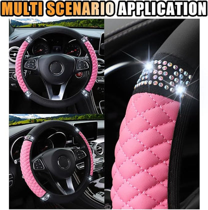 Bling Soft Leather Steering Wheel Cover, 15 Inch Colorful Rhinestones Auto Elastic Protector with Crystal Diamond for Women Girls, Car Accessories for Most Cars, SUVs (Pink)