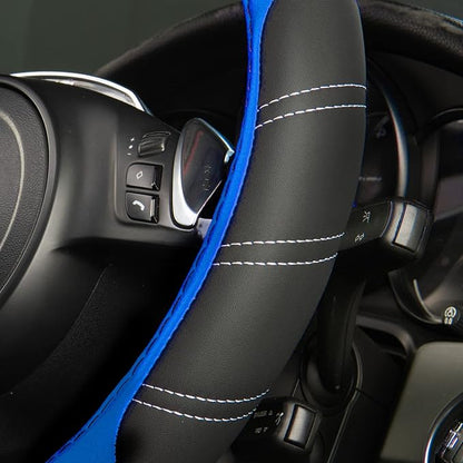 CAR PASS Line Rider Microfiber 14 Inch Leather Sporty Steering Wheel Cover Universal Fits for Truck,SUV,Cars, Anti-Slip Safety Comfortable Desgin (Black-Blue)