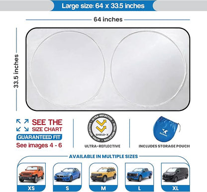 EzyShade Windshield Sun Shade with Shield-X Reflective Technology. See Vehicle Size-Chart. Foldable 1-Piece Car Sunshade Front Windshield Window Car SUV Truck. Sun Visor Heat Shield. Large (L) Size