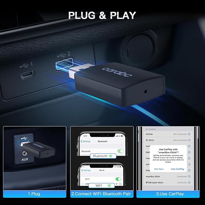 Wireless CarPlay Adapter for Apple iPhone - Converts Factory Wired to Wireless CarPlay, Plug-and-Play, Auto Connect, Compatible with Car from 2014 Onwards & iOS 10 +