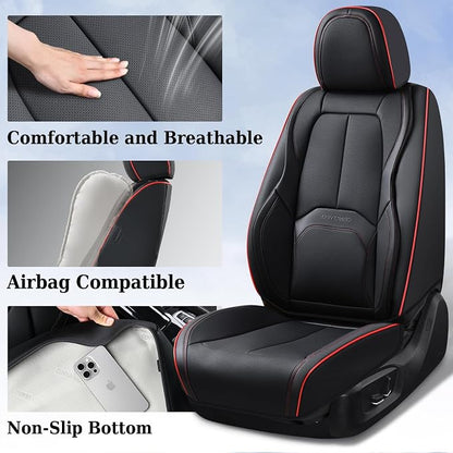 Coverado Car Seat Covers Front Seats, Waterproof Leather Seat Covers for Cars, Luxury Car Seat Covers with Lumbar Support, Car Seat Protector Driver Seat Covers Universal Fit Most Cars (Black&Red)