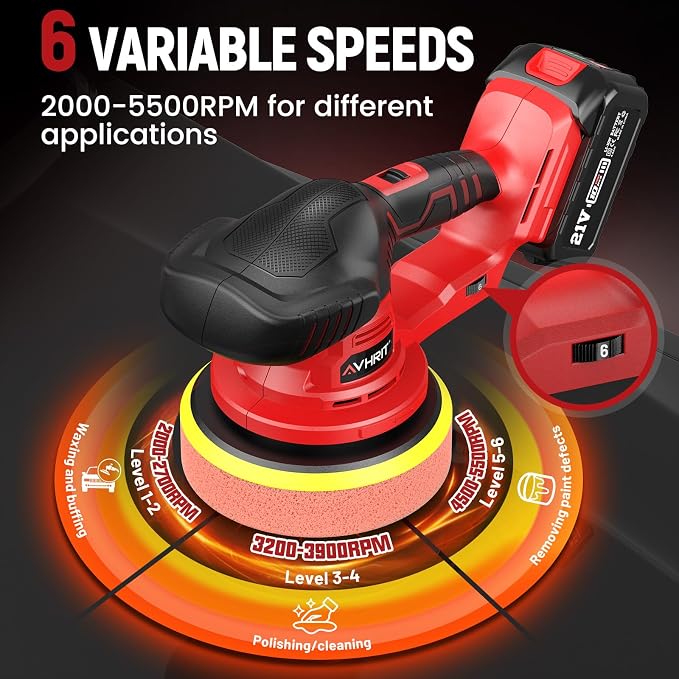 Updated Cordless Polisher with 2x4.0Ah Batteries, 6 Variable Speed up to 5500 RPM, 6 In Car Buffer Polisher for Car Detailing, Polishing, Boat Sanding, with Car Wax Buffing Machine Kit, Toolbag