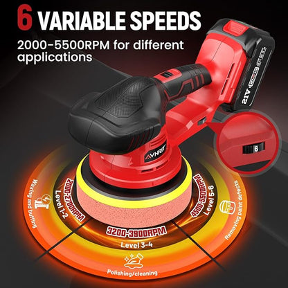 Updated Cordless Polisher with 2x4.0Ah Batteries, 6 Variable Speed up to 5500 RPM, 6 In Car Buffer Polisher for Car Detailing, Polishing, Boat Sanding, with Car Wax Buffing Machine Kit, Toolbag