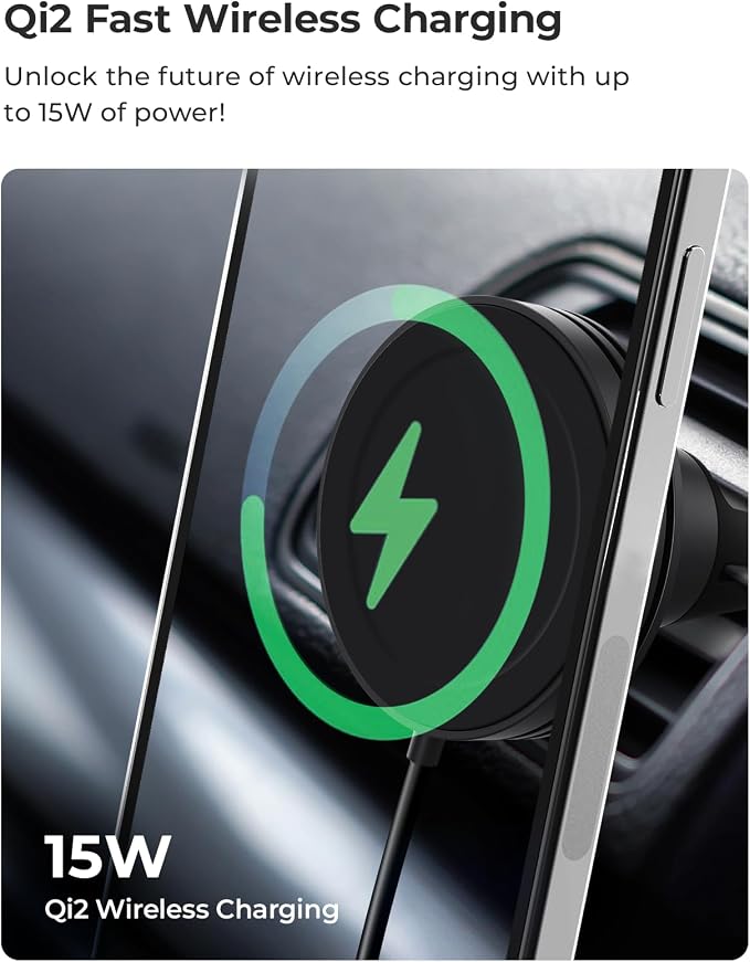 iOttie Velox Qi2 Mini Wireless Charging Car Mount - MagSafe Compatible Air Vent Phone Mount with 15W Charging for Qi2-enabled Smartphones Including iPhone 12,13,14,15,16 and 17. Car Charger Included.
