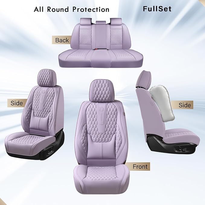 Coverado Seat Covers Full Set, Purple Car Seat Covers, Waterproof Car Seat Cover with Lumbar Support, Leather Car Seat Cushion Protector, Car Seat Covers Universal Fit Most Cars