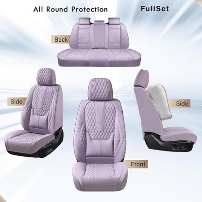 Coverado Seat Covers Full Set, Purple Car Seat Covers, Waterproof Car Seat Cover with Lumbar Support, Leather Car Seat Cushion Protector, Car Seat Covers Universal Fit Most Cars