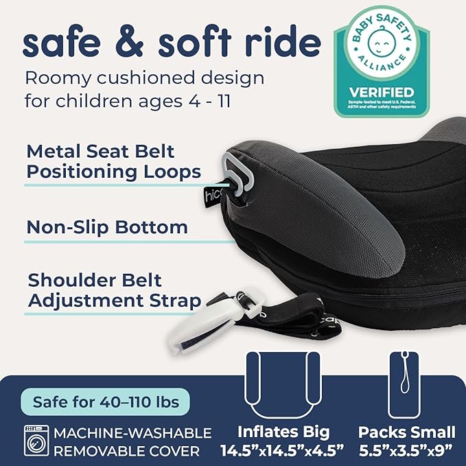 Hiccapop UberBoost Inflatable Backless Booster Seat for Kids, Portable Travel Car Seat | Classic Graphite Black