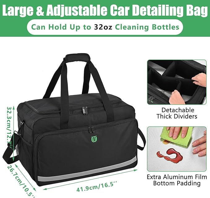 Large Car Detailing Bag, Cleaning Caddy with Lid and Handle for Auto Detailing Supplies, Car Cleaning Storage Trunk Organizer for Polisher and Vehicle Wash Tools, Black