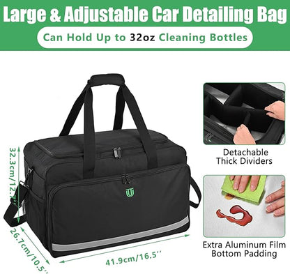 Large Car Detailing Bag, Cleaning Caddy with Lid and Handle for Auto Detailing Supplies, Car Cleaning Storage Trunk Organizer for Polisher and Vehicle Wash Tools, Black