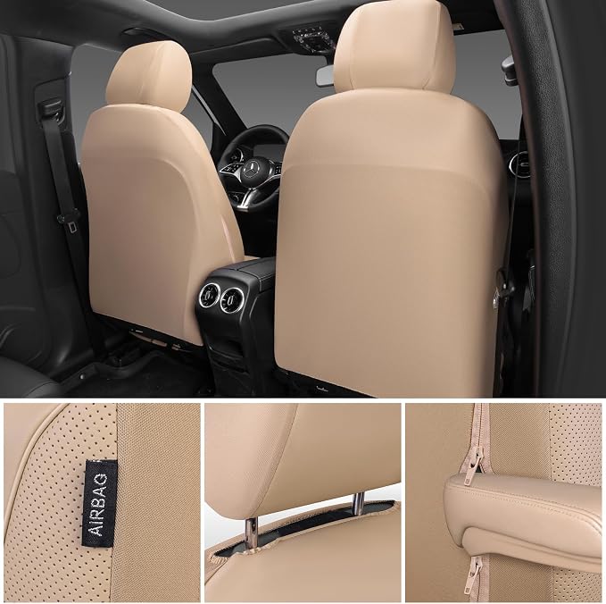 CAR PASS 3D Foam PU Leather Car Seat Covers, Universal Seat Covers Front 2 for Trucks SUV Sedan Automotive Seat Covers Armrest Airbag Compatible Waterproof Comfortable Faux Nappa Leather All Beige